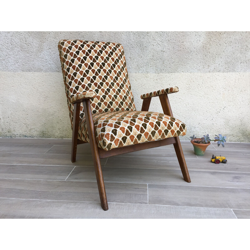 Vintage velvet armchair with compass legs, 1950