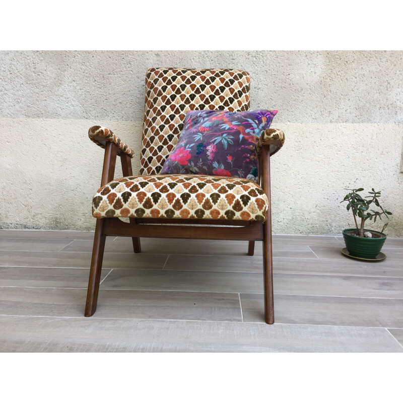 Vintage velvet armchair with compass legs, 1950