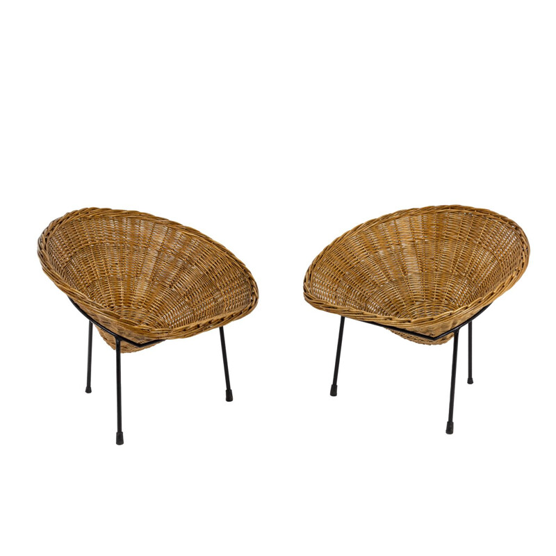 Pair of vintage rattan armchairs "Basket", Italy 1950