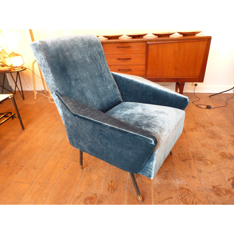 Paire de fauteuils italiens bleus canard en velours - années 50