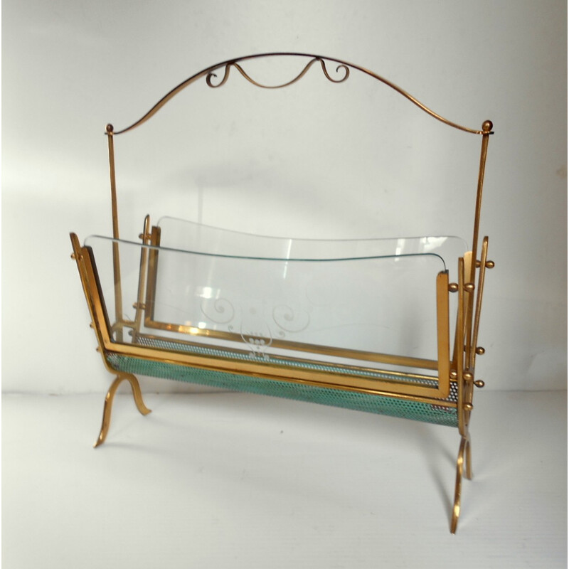 Vintage brass and glass magazine rack by Cesare Lacca, Italy 1940