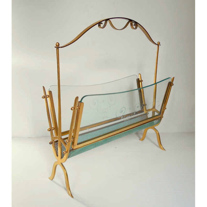 Vintage brass and glass magazine rack by Cesare Lacca, Italy 1940
