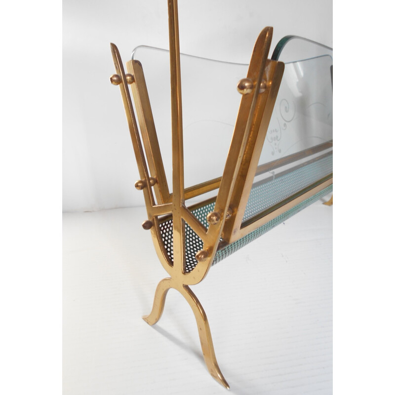 Vintage brass and glass magazine rack by Cesare Lacca, Italy 1940