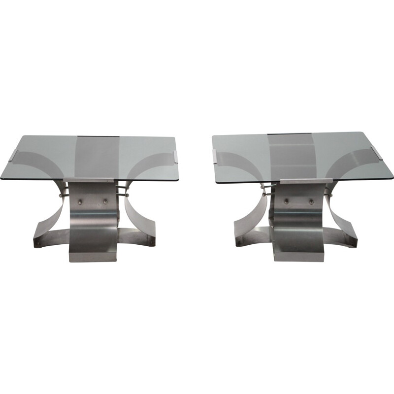 Paire de tables basses en verre et métal chromé, François MONNET - 1970