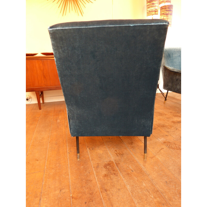 Pair of duck blue velvet Italian armchairs - 1950s