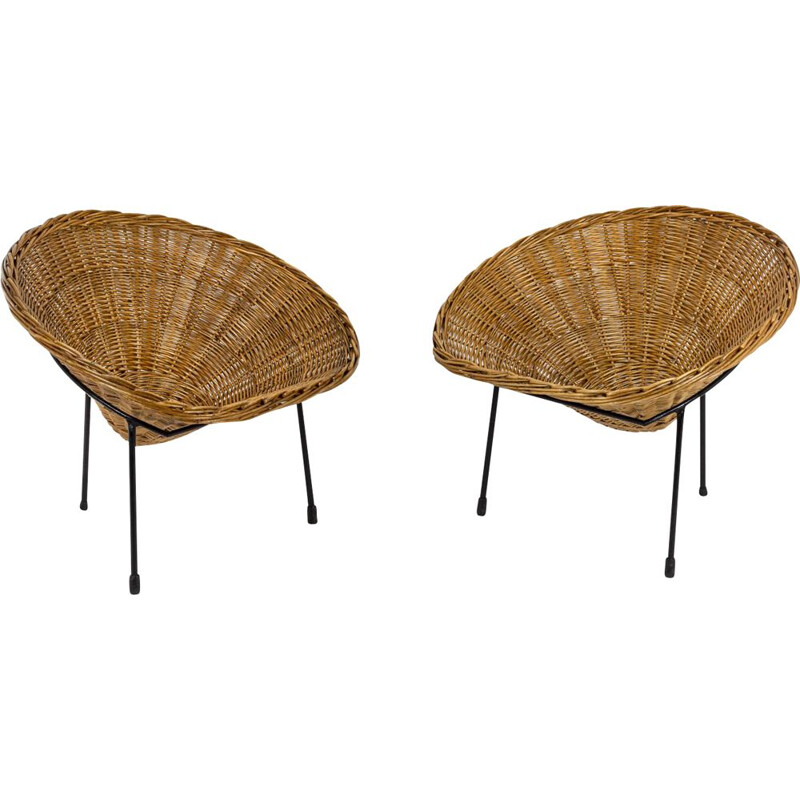 Pair of vintage rattan armchairs "Basket", Italy 1950