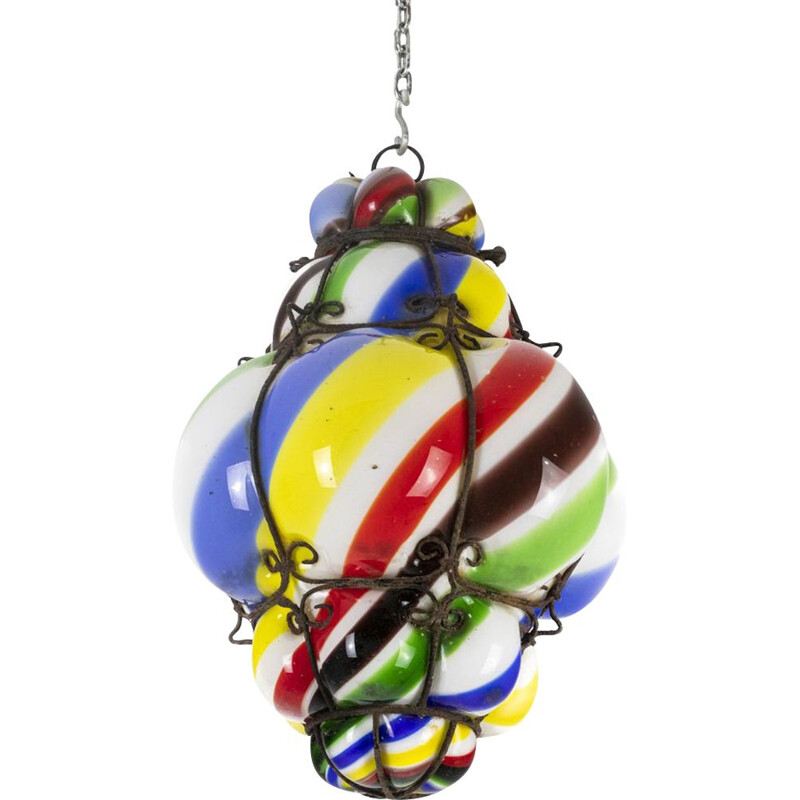 Vintage chandelier "sucre d'orge" in polychrome glass, 1950
