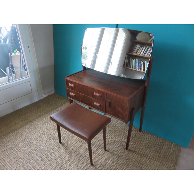 Coiffeuse avec tabouret vintage en palissandre, Danemark 1960