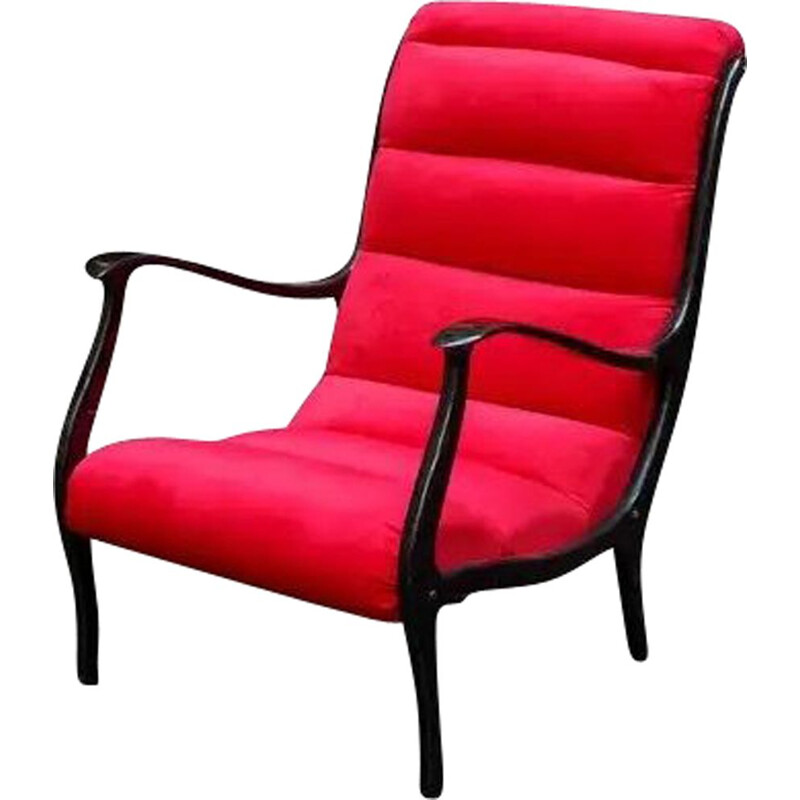 Vintage Mitzi fauteuil in hout en rood fluweel van Ezio Longhi voor Elam, 1950
