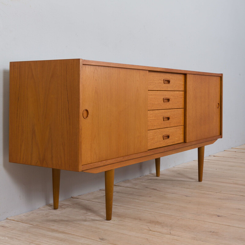 Enfilade scandinave vintage en teck avec 4 tiroirs et portes coulissantes, Danemark 1970