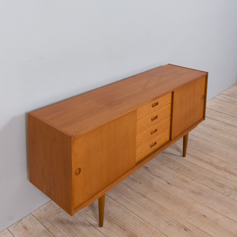 Enfilade scandinave vintage en teck avec 4 tiroirs et portes coulissantes, Danemark 1970