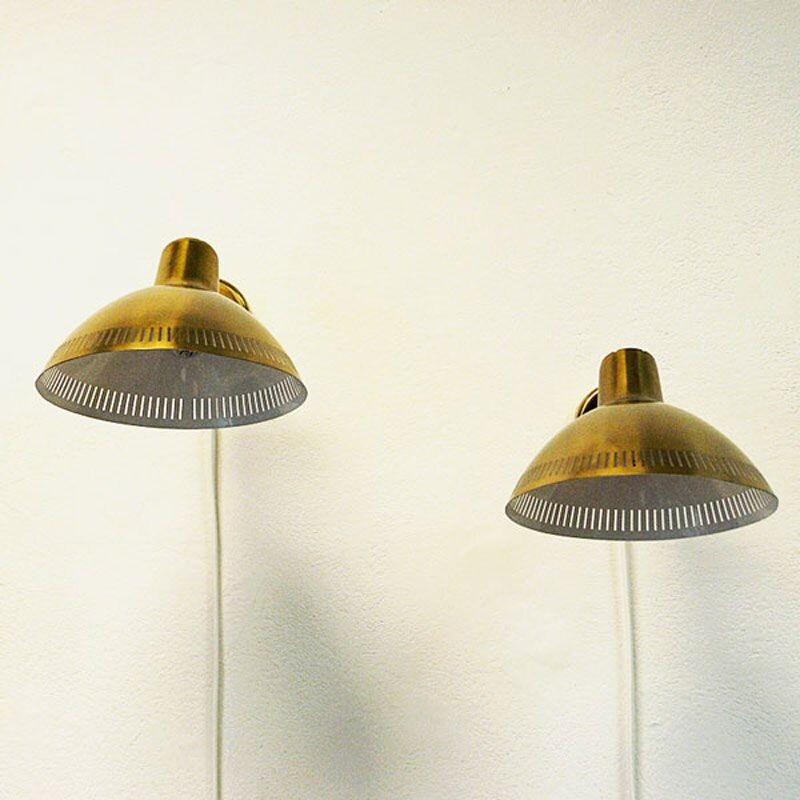 Paar vintage messing wandlampen van Hans Bergström voor Atelje Lyktan, Zweden 1960