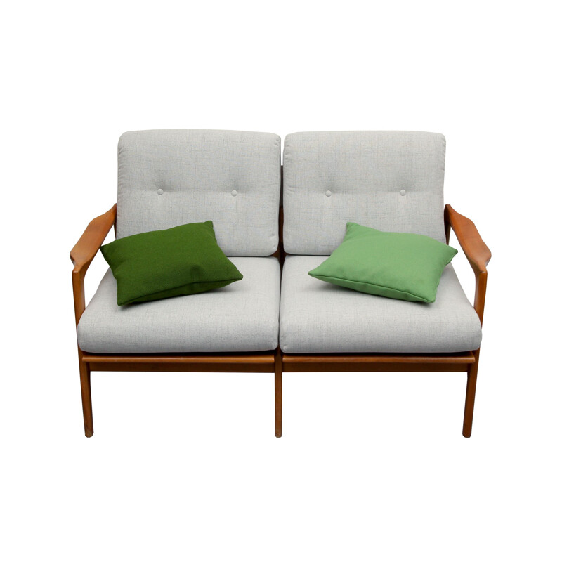 Vintage sofa in cherrywood grey with green cushions, 1960s