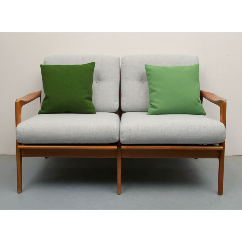 Vintage sofa in cherrywood grey with green cushions, 1960s