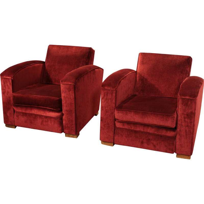 Pair of armchairs in red velvet, Jacques ADNET - 1940s