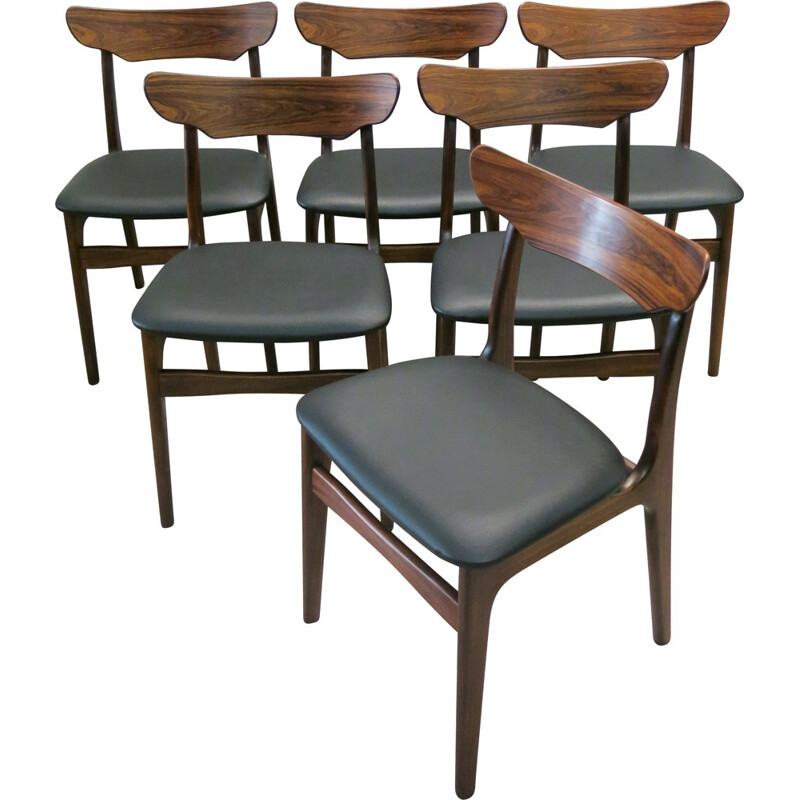 Suite de 6 chaises danoises en palissandre et simili cuir, SCHIONNING & ELGAARD - 1960