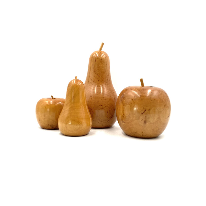 Vintage wooden fruit set in pear wood moneyboxes, Italy 1970s