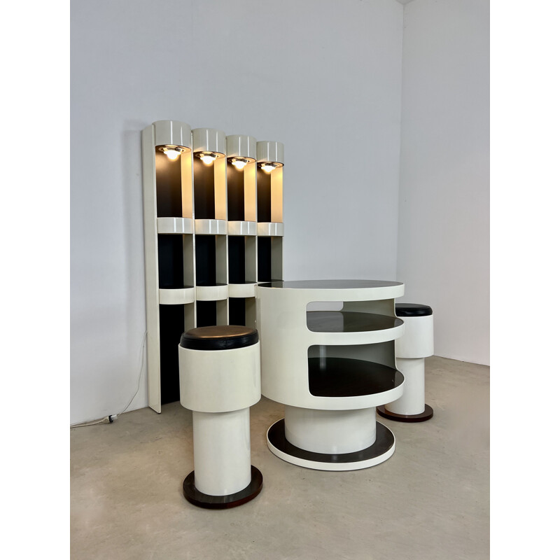 Vintage black and white bar with two stools by Joe Colombo, 1960