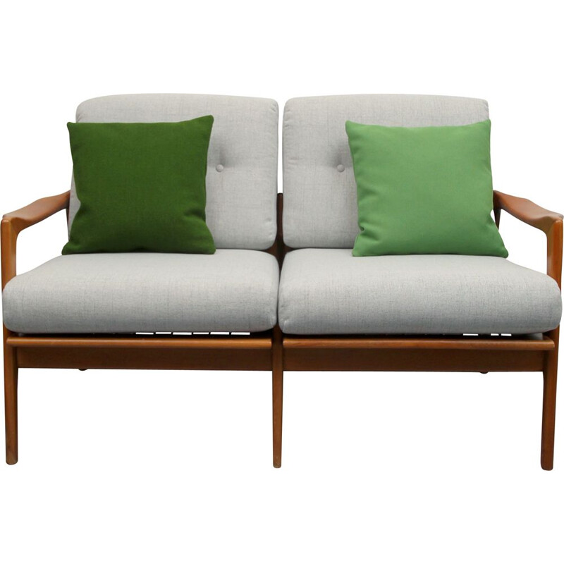 Vintage sofa in cherrywood grey with green cushions, 1960s
