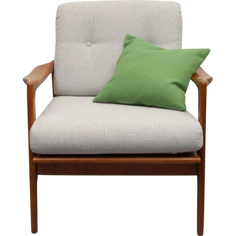 Vintage kersenhouten fauteuil met groen kussen, 1960