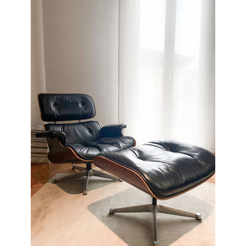 Vintage armchair and footrest by Charles and Ray Eames for Icf, Italy 1970s