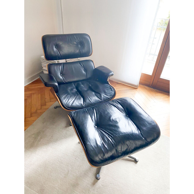 Vintage armchair and footrest by Charles and Ray Eames for Icf, Italy 1970s