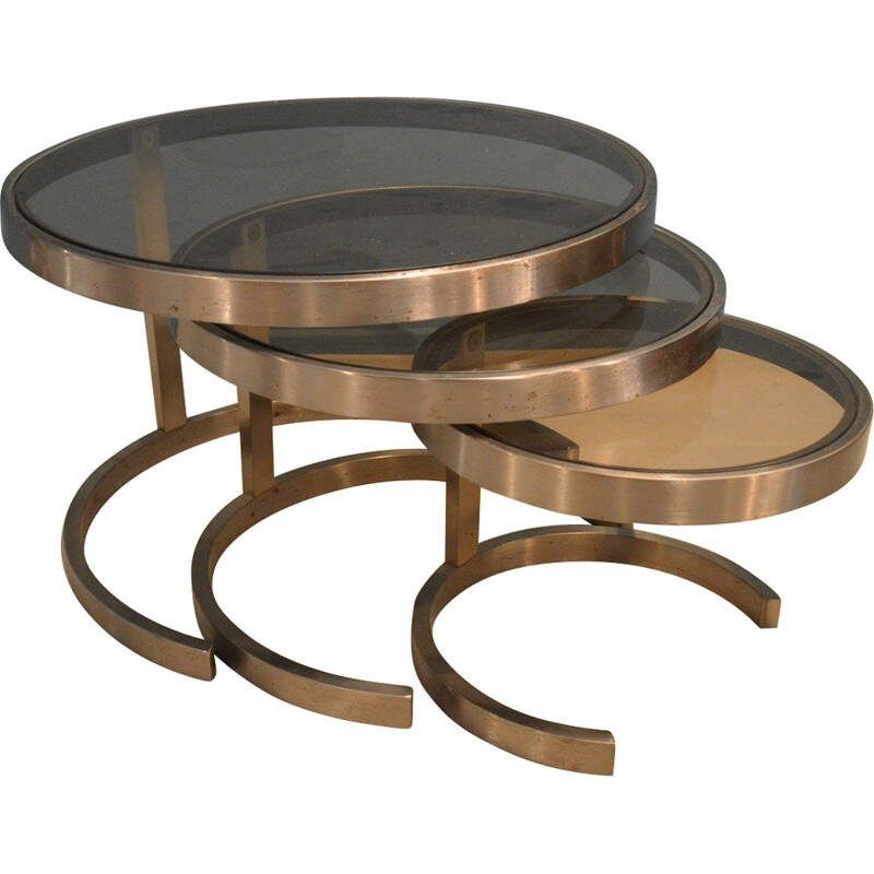 Set of 3 French nesting tables in steel and smoked glass - 1970s