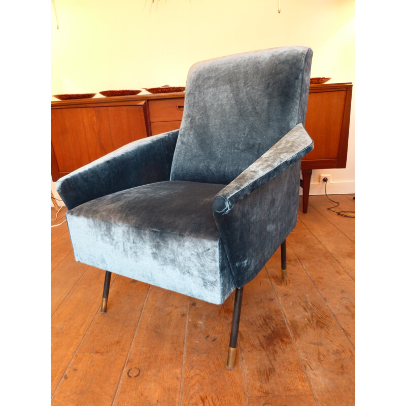 Pair of duck blue velvet Italian armchairs - 1950s