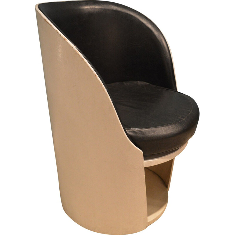 Easy chair in white lacquered wood and black leatherette - 1960s