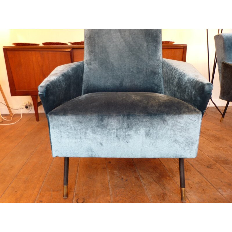 Pair of duck blue velvet Italian armchairs - 1950s