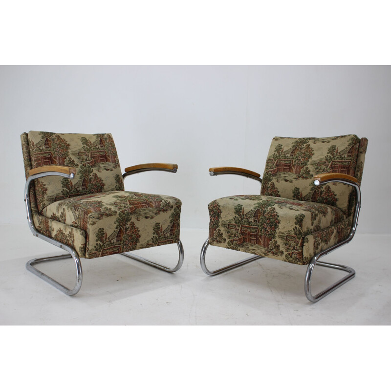 Pair of vintage chrome tubular armchairs type S 411 by Mücke Melder, 1930s