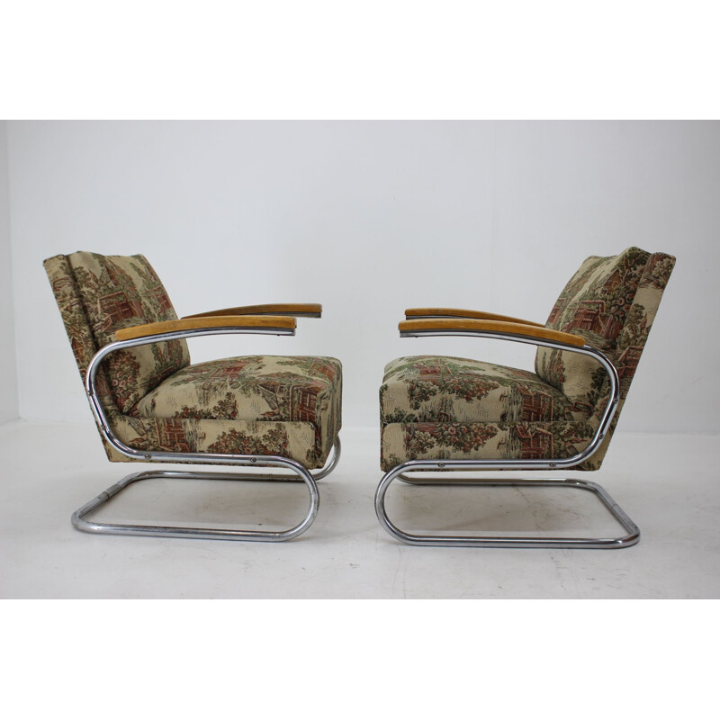 Pair of vintage chrome tubular armchairs type S 411 by Mücke Melder, 1930s
