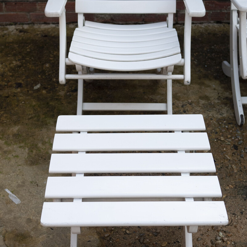 Set of 4 vintage white wooden garden armchairs with stool by Herlag, 1980s