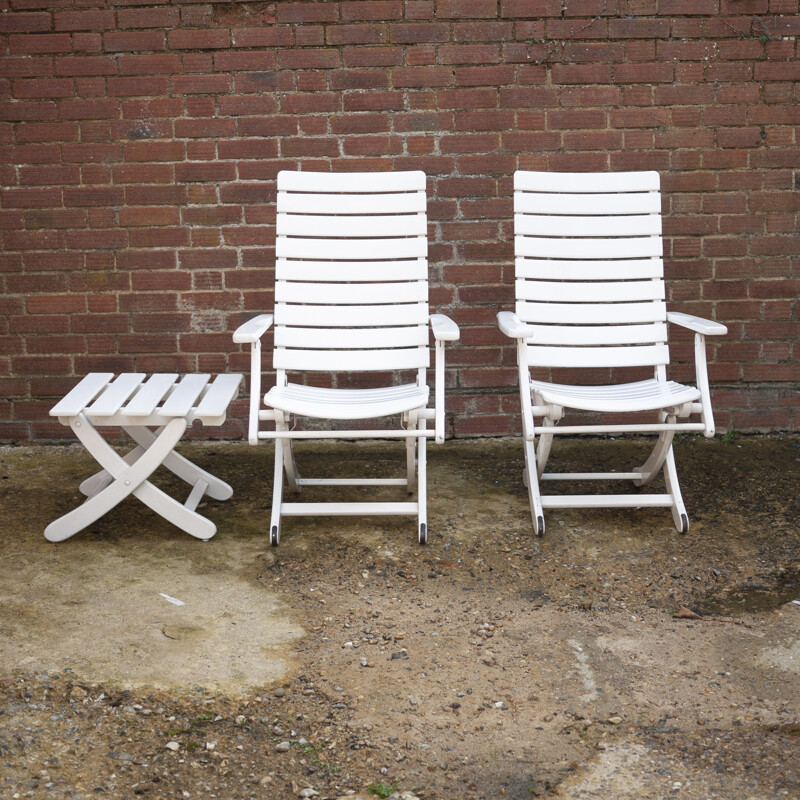 Set of 4 vintage white wooden garden armchairs with stool by Herlag, 1980s