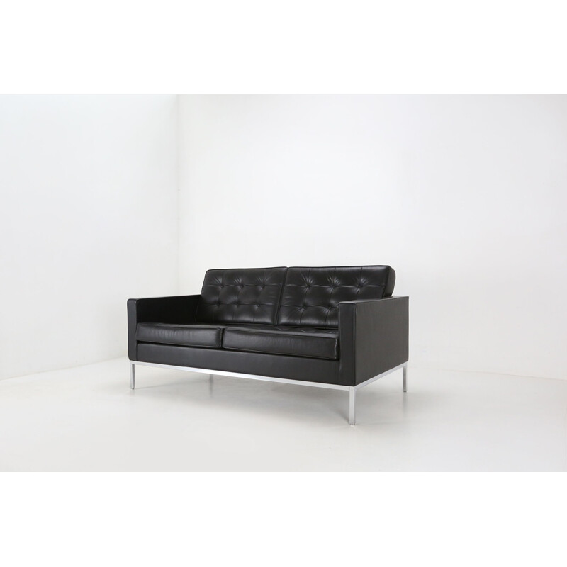 Pair of vintage Florence Knoll Settee sofas in black leather by Knoll International