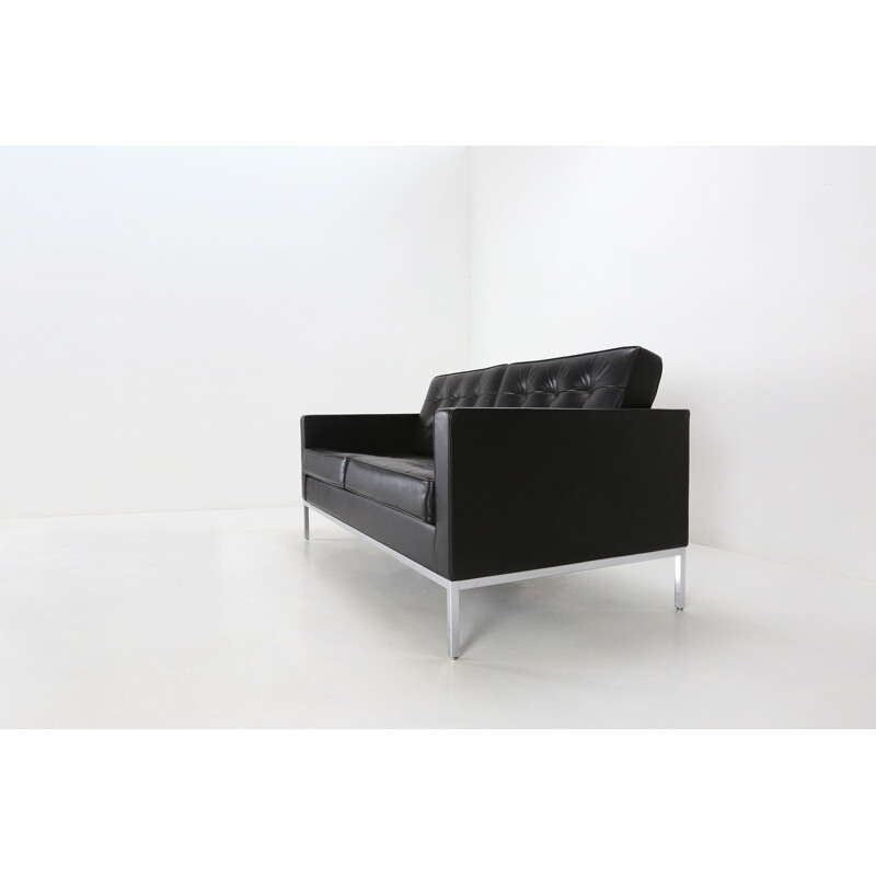 Pair of vintage Florence Knoll Settee sofas in black leather by Knoll International