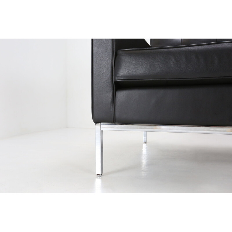 Paire de canapés vintage Florence Knoll Settee en cuir noir par Knoll International