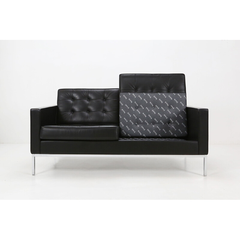 Pair of vintage Florence Knoll Settee sofas in black leather by Knoll International