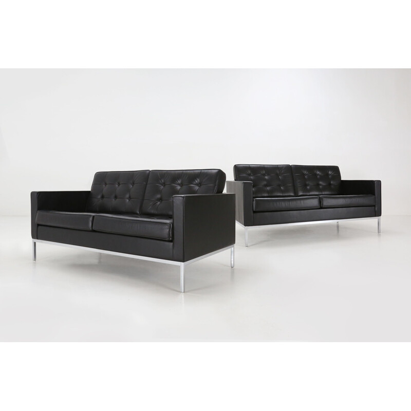 Pair of vintage Florence Knoll Settee sofas in black leather by Knoll International