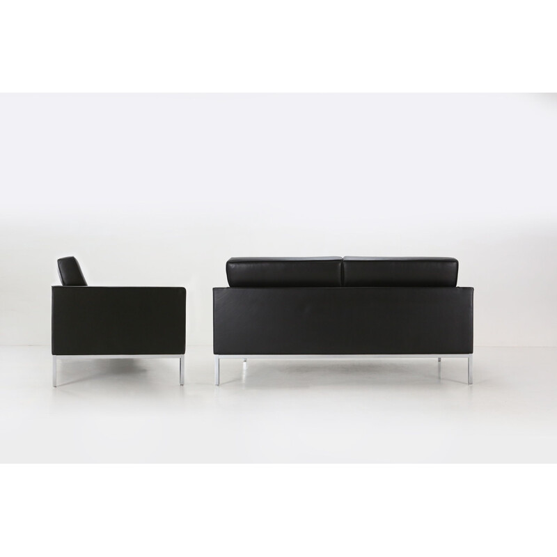 Pair of vintage Florence Knoll Settee sofas in black leather by Knoll International