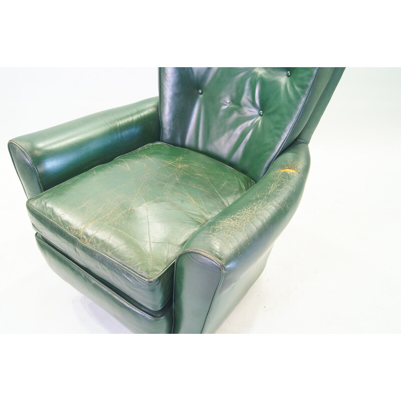 Vintage green leather raw club armchair