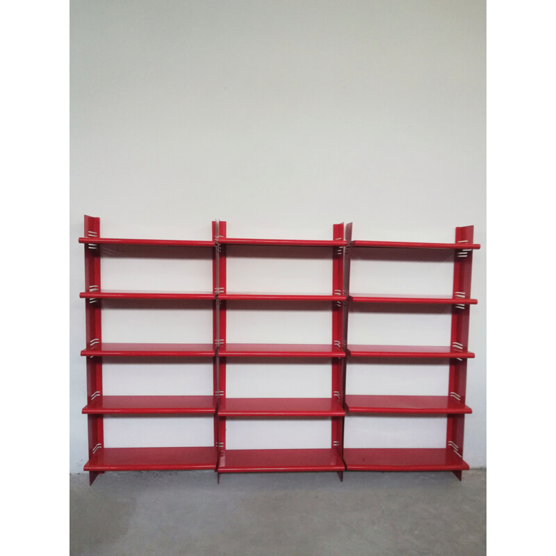 Vintage red metal modular wall bookcase, 1970-1980s