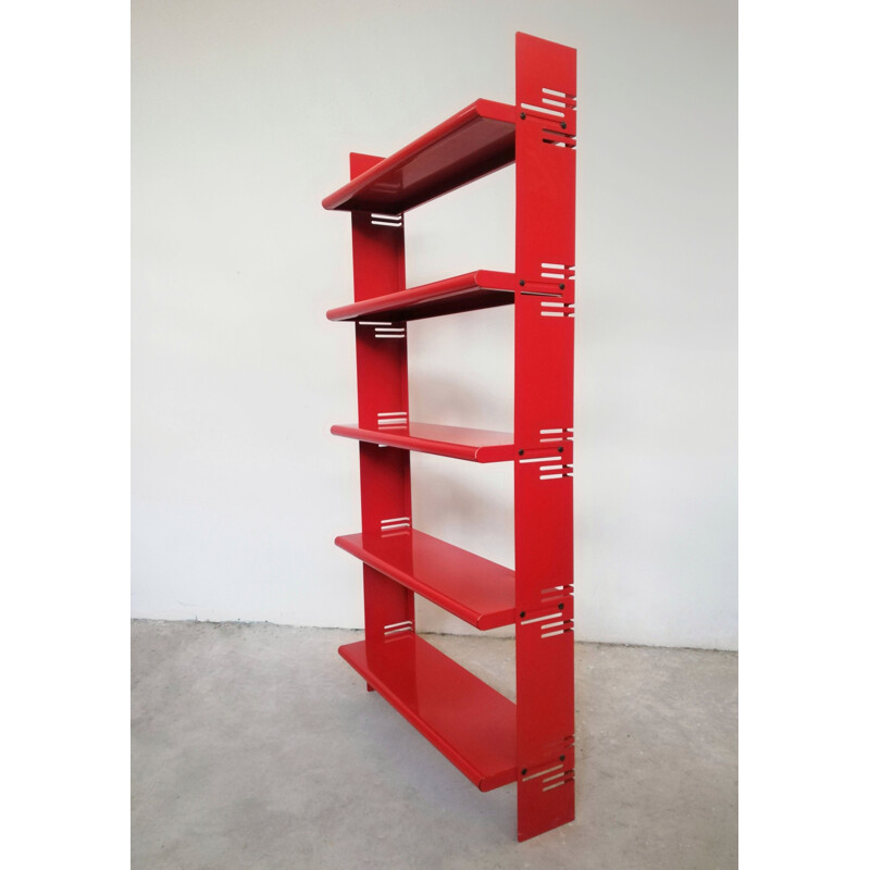 Vintage red metal modular wall bookcase, 1970-1980s