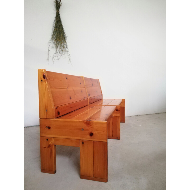 Brutalist vintage solid pine wood bench, 1970s
