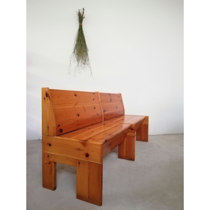 Brutalist vintage solid pine wood bench, 1970s