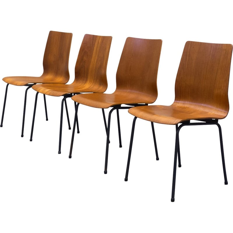 Set of 4 "Euroika" chairs in teak plywood and steel, Friso KRAMER - 1960s