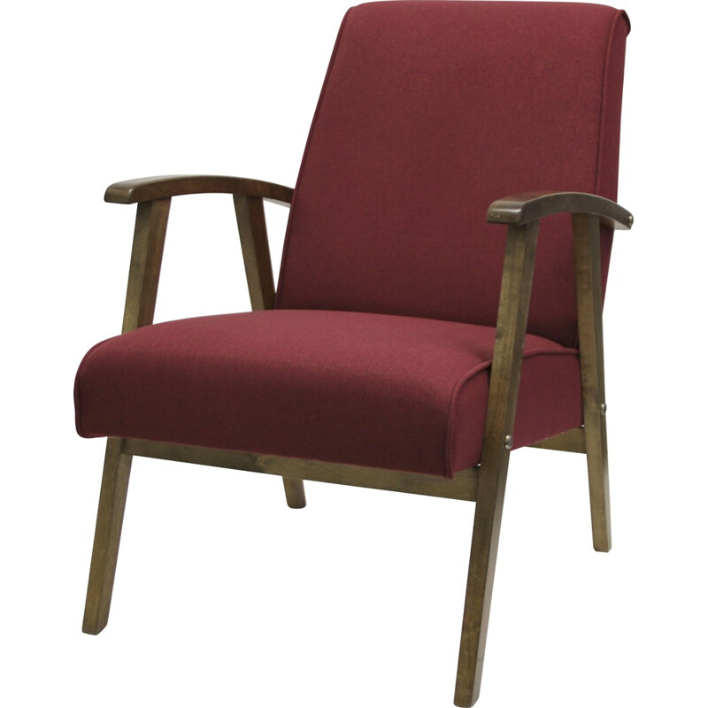 Reupholstered armchair in oak and red fabric - 1960s