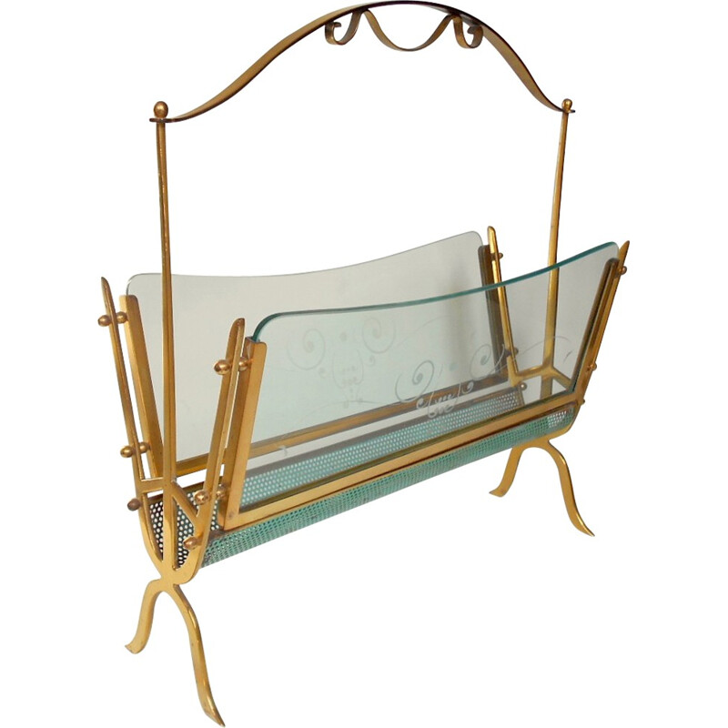 Vintage brass and glass magazine rack by Cesare Lacca, Italy 1940