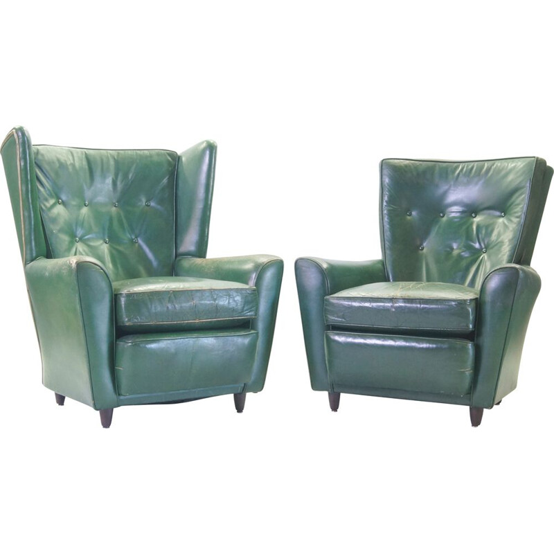 Paire de fauteuils club vintage en cuir vert Raw