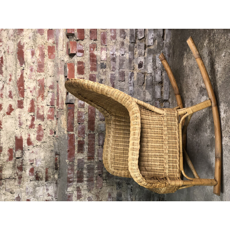 Vintage rattan e cadeira de balanço de bambu, 1980